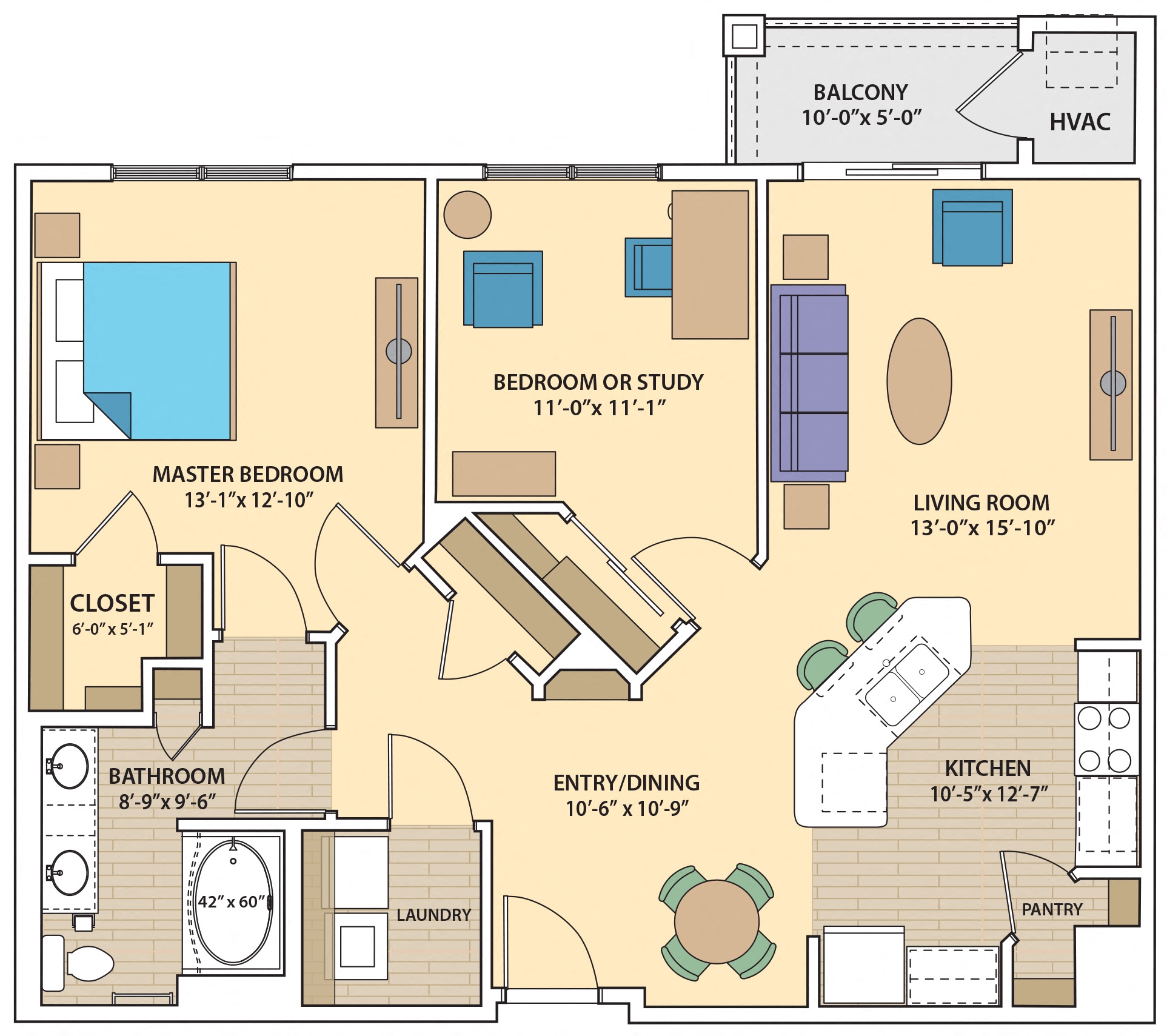 Floor plan for 2 beds, 1 bath, 1184 sqft